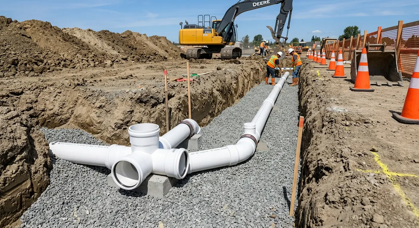 New PVC sewer pipe installation in open trench for Commercial Drain Cleaning in Price