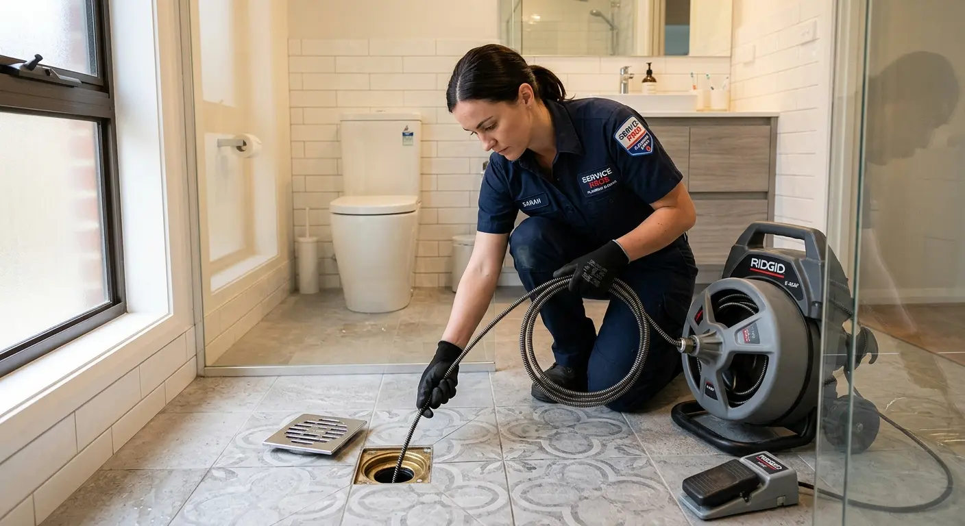 Technician clearing a bathroom floor drain for Hydro Jetting in Price